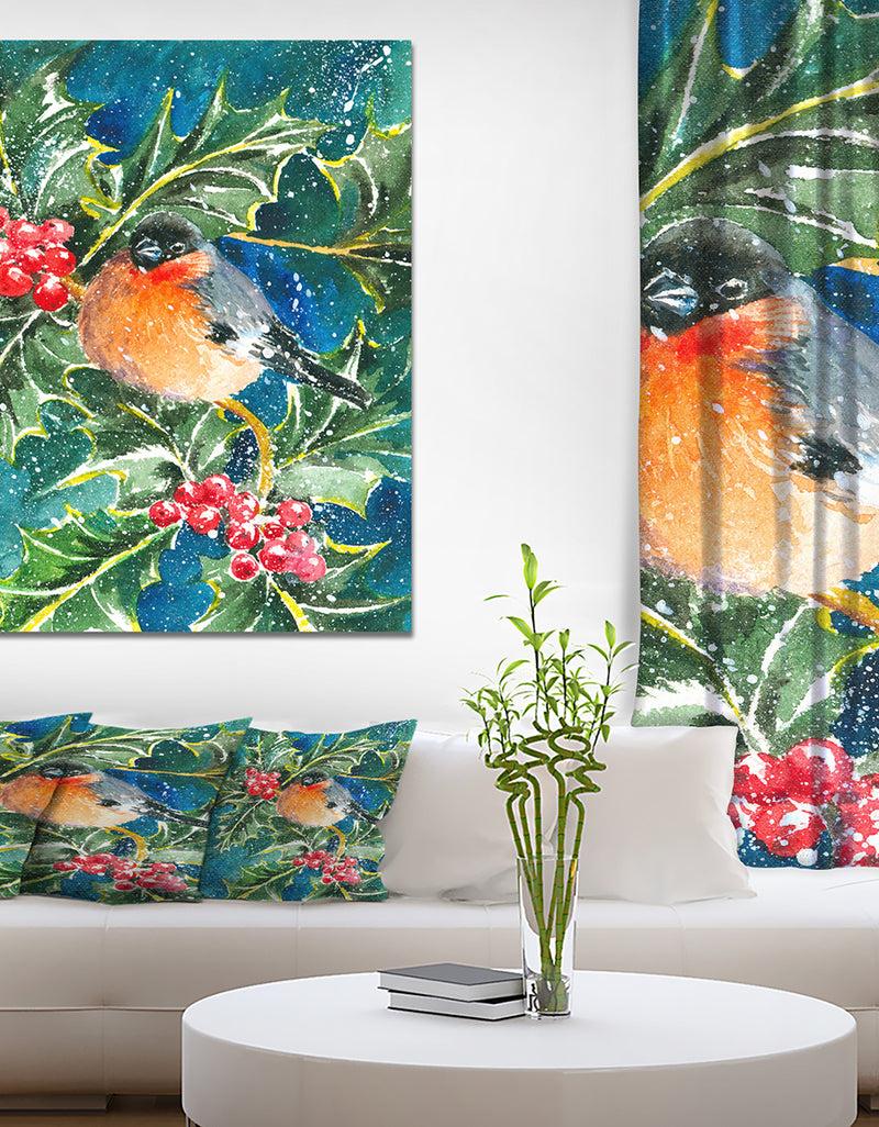 DesignQ Bullfinch and Holly - Animals Painting Print on Wrapped Canvas