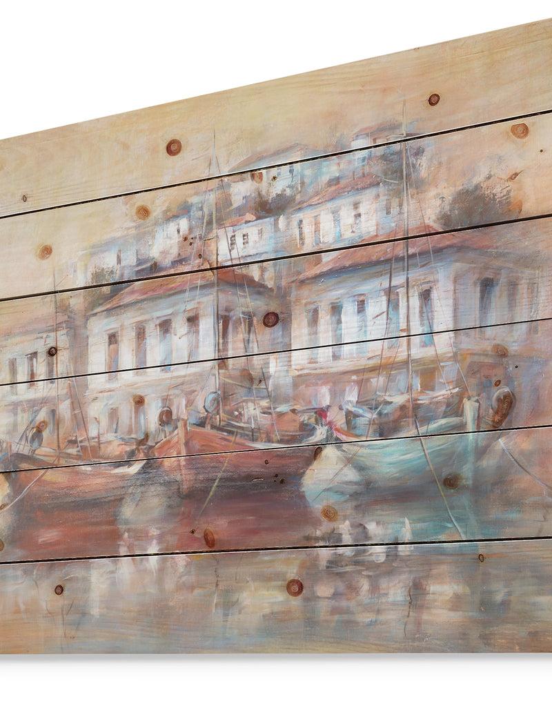 DesignQ Calm Sea With Boats In Harbor - Sea & Shore Painting Print On Natural Pine Wood