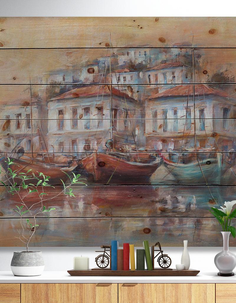 DesignQ Calm Sea with boats in Harbor - Sea & Shore Painting Print on Natural Pine Wood
