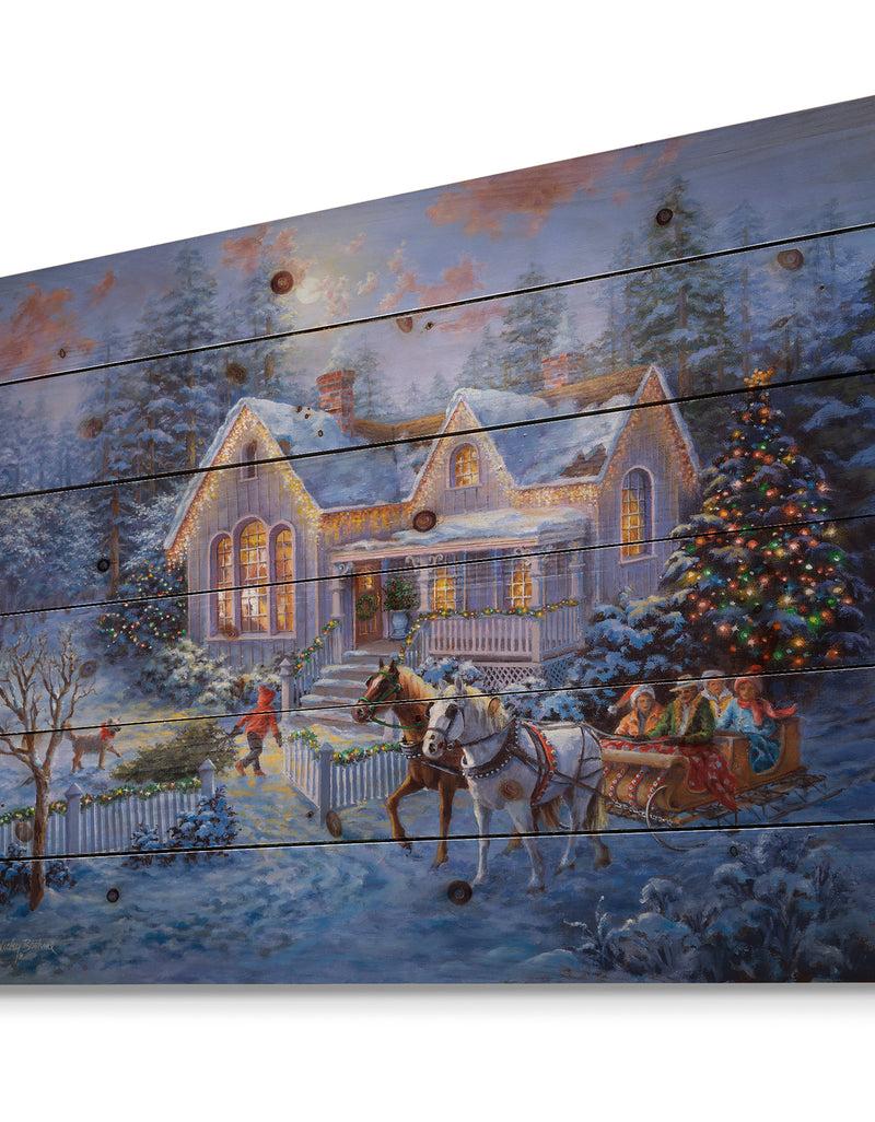 DesignQ Christmas Eve Family Coming Home In Sleigh - Print On Natural Pine Wood