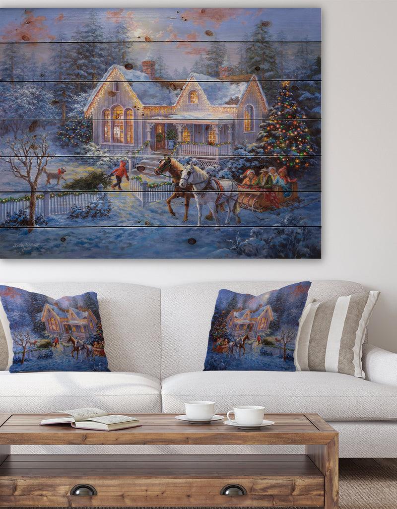 DesignQ Christmas Eve Family coming home in sleigh - Print on Natural Pine Wood
