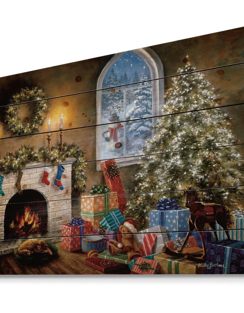 DesignQ Christmas Eve With Presents By Fire Place - Print On Natural Pine Wood