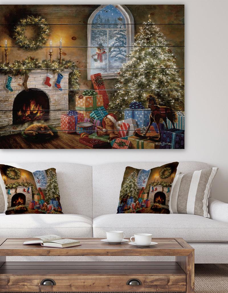 DesignQ Christmas Eve with presents by fire place - Print on Natural Pine Wood