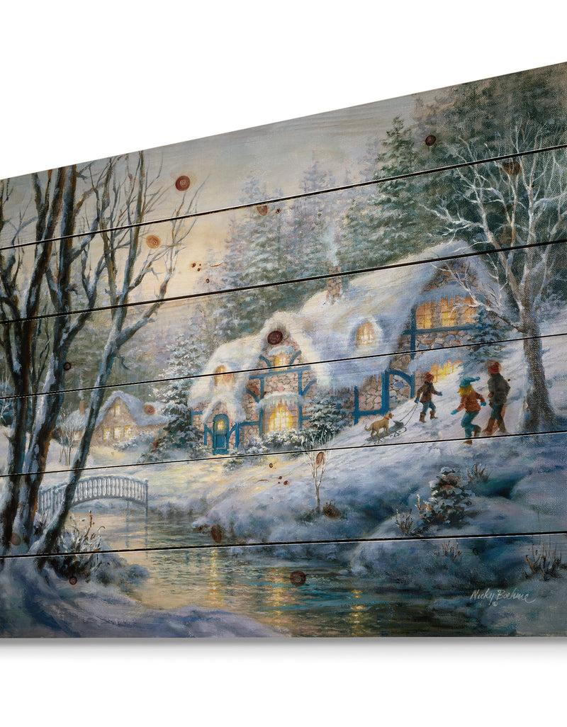 DesignQ Christmas Evening Winter Frolic - Print On Natural Pine Wood