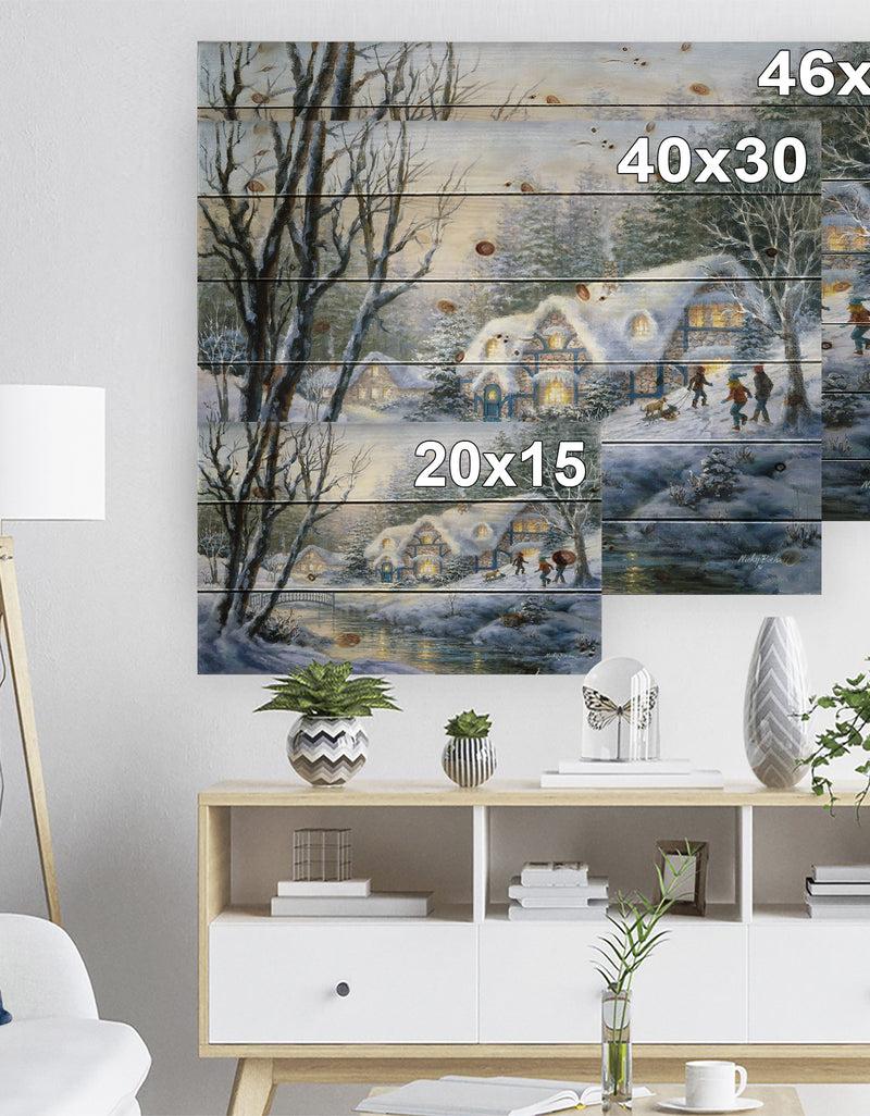 DesignQ Christmas Evening Winter Frolic - Print On Natural Pine Wood