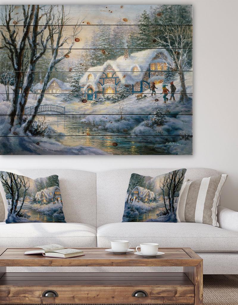 DesignQ Christmas evening Winter Frolic - Print on Natural Pine Wood