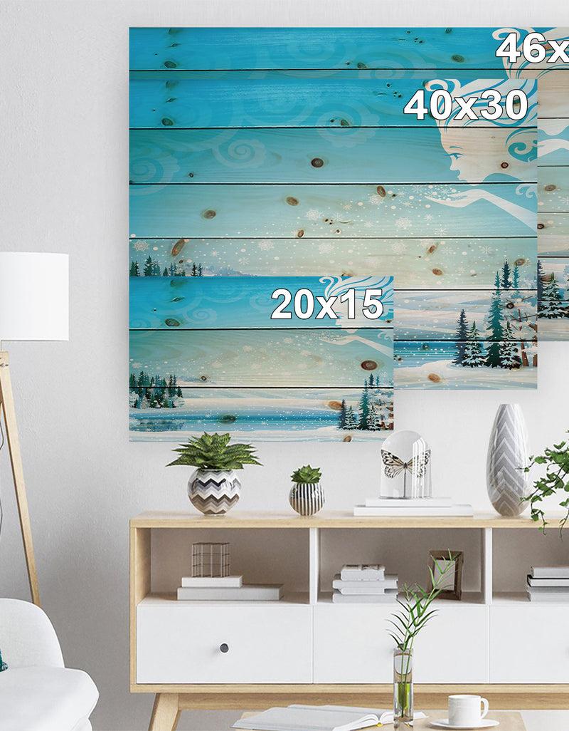 DesignQ Christmas Fairy Blowing Snow Flakes On Winter Scene - Print On Natural Pine Wood