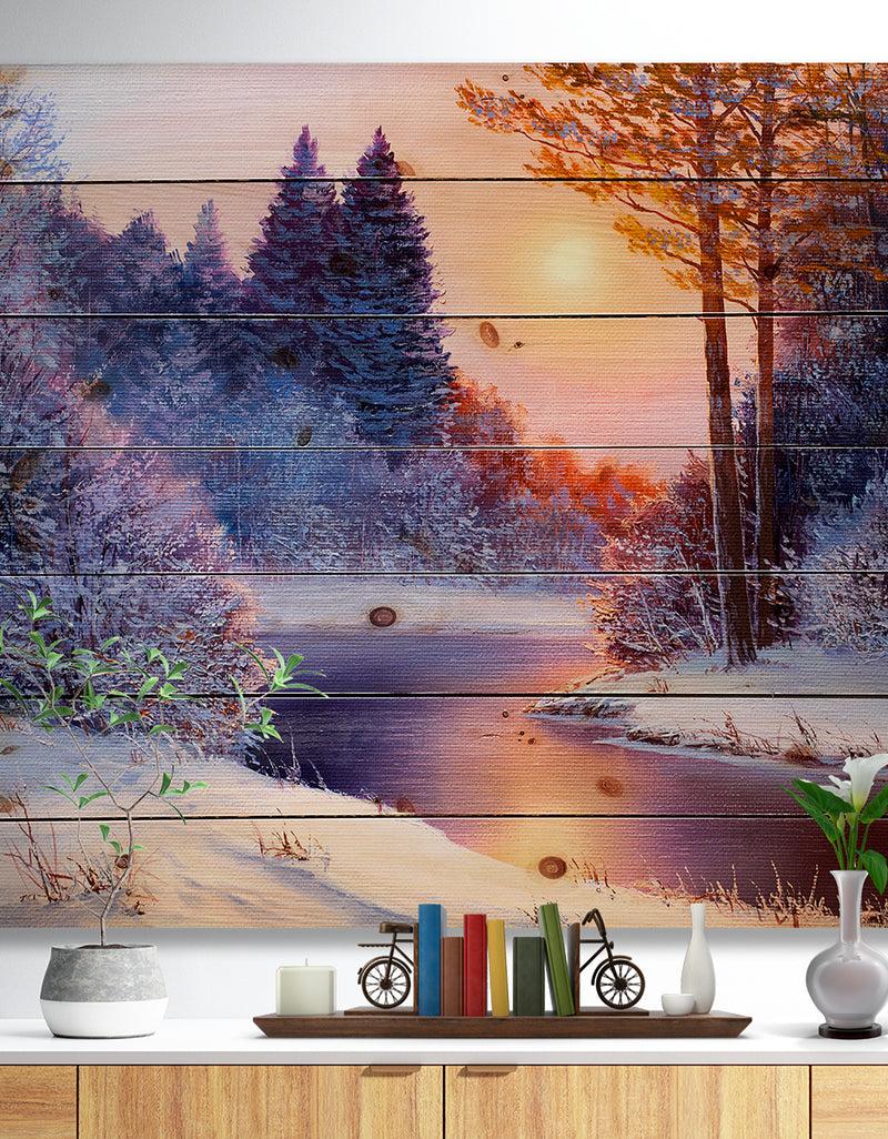 DesignQ Christmas forest with river - Landscapes Painting Print on Natural Pine Wood