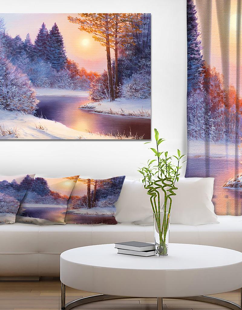 DesignQ Christmas forest with river - Landscapes Painting Print on Wrapped Canvas