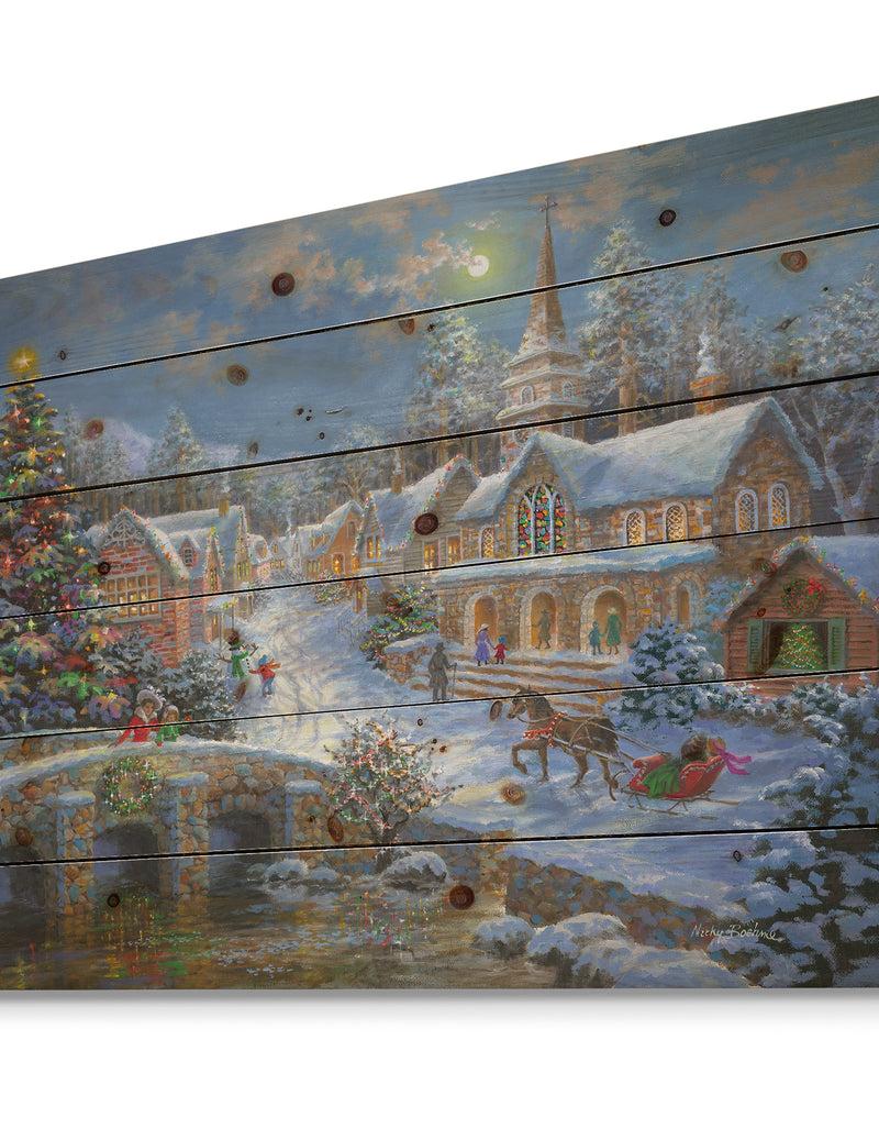 DesignQ Christmas Paradise With Church Snow And Open Sleigh - Print On Natural Pine Wood