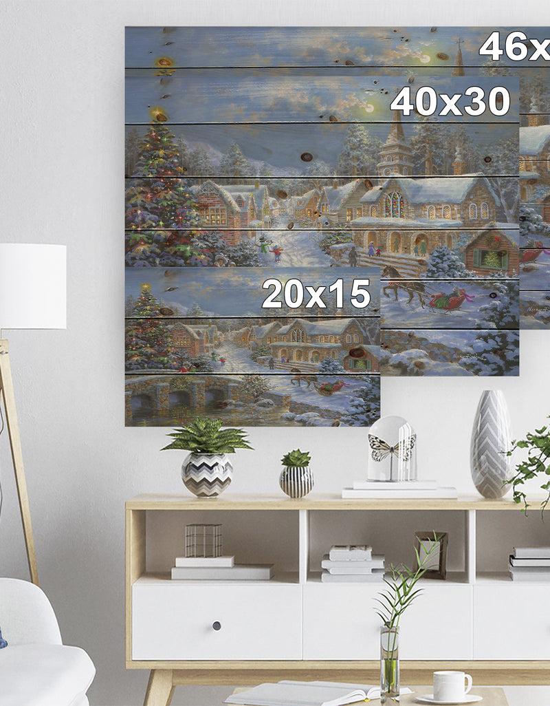DesignQ Christmas Paradise With Church Snow And Open Sleigh - Print On Natural Pine Wood