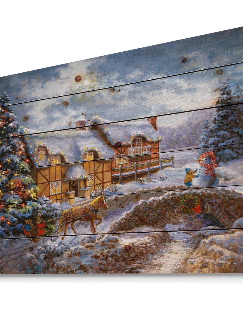 DesignQ Christmas Tree With Horse And Open Sleigh In Winter Landscape - Print On Natural Pine Wood
