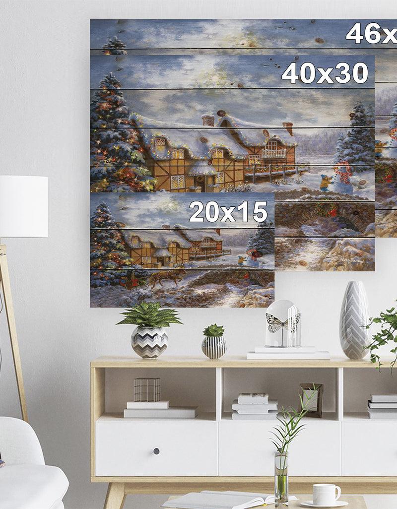 DesignQ Christmas Tree With Horse And Open Sleigh In Winter Landscape - Print On Natural Pine Wood