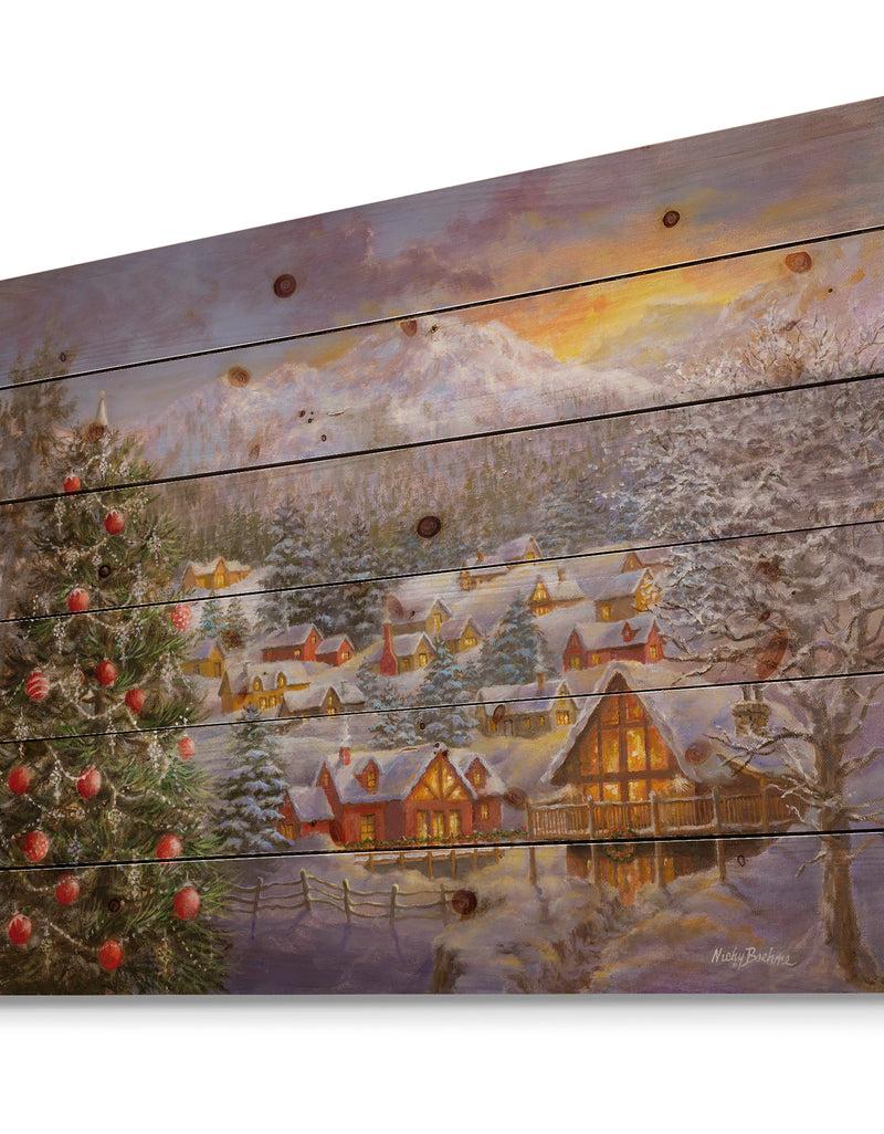 DesignQ Christmas Winter Mountain Town With Christmas Tree - Print On Natural Pine Wood