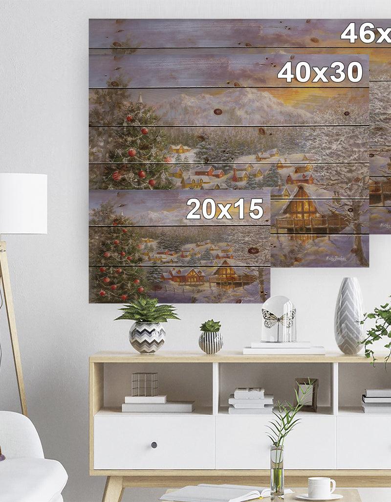 DesignQ Christmas Winter Mountain Town With Christmas Tree - Print On Natural Pine Wood