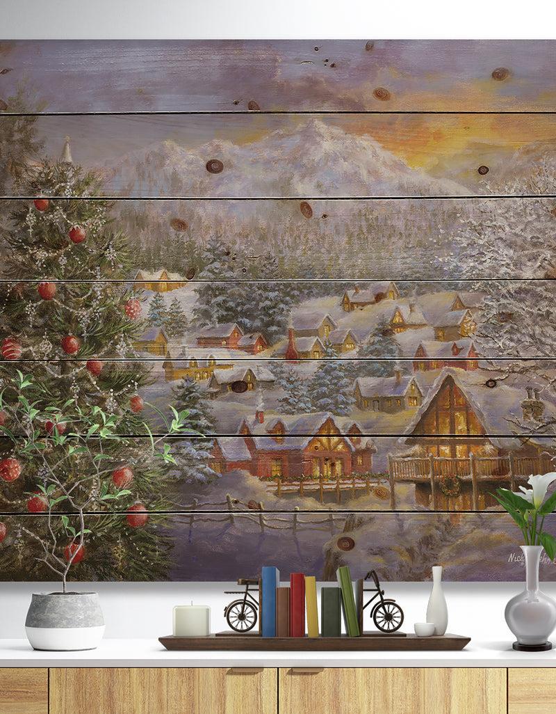 DesignQ Christmas Winter Mountain Town With Christmas Tree - Print on Natural Pine Wood