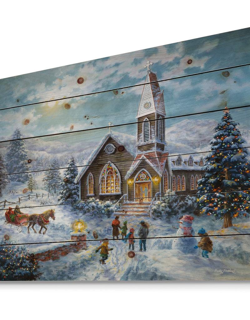 DesignQ Christmas Worship Parents Pray Children Play - Print On Natural Pine Wood