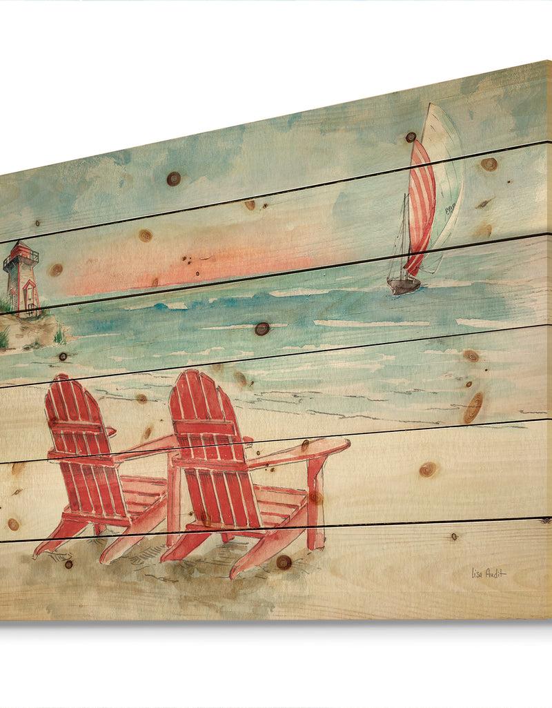 DesignQ Coastal Chair Relax Beach II - Nautical & Coastal Print On Natural Pine Wood