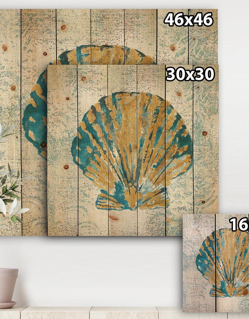 DesignQ Coastal Pastel Seashells I - Vintage Nautical Print On Natural Pine Wood