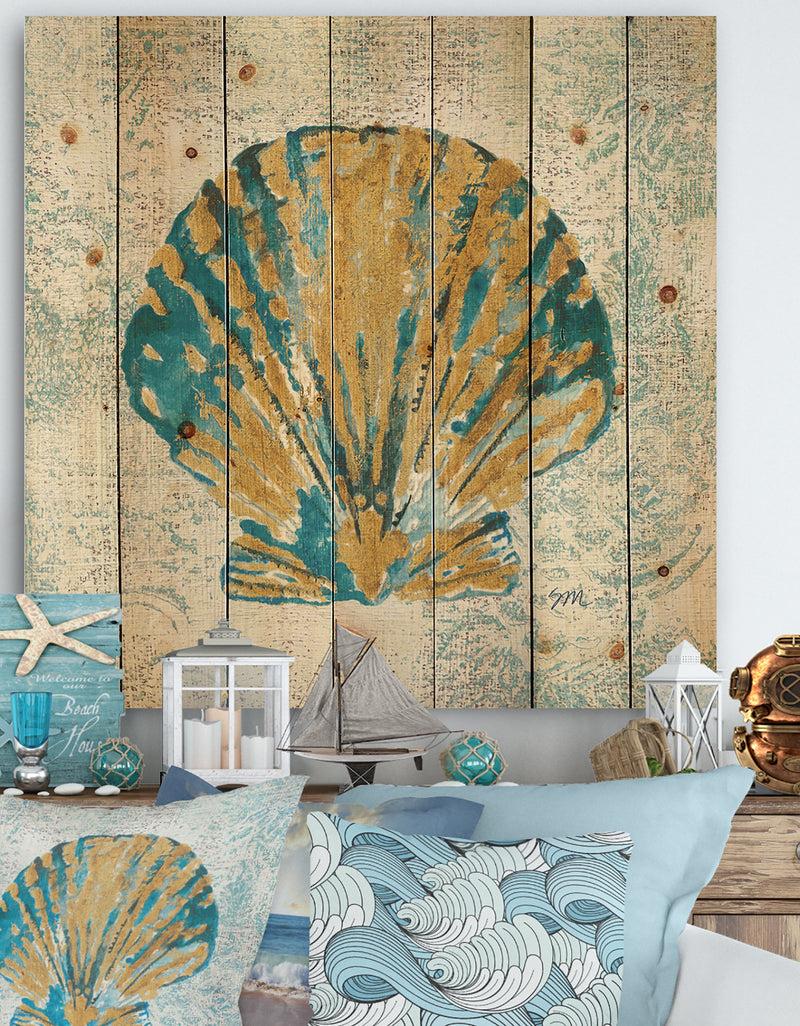DesignQ Coastal Pastel seashells I - Vintage Nautical Print on Natural Pine Wood