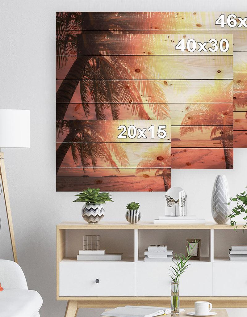 DesignQ Coconut In Golden Sunset - Landscapes Sea & Shore Photographic Print On Natural Pine Wood