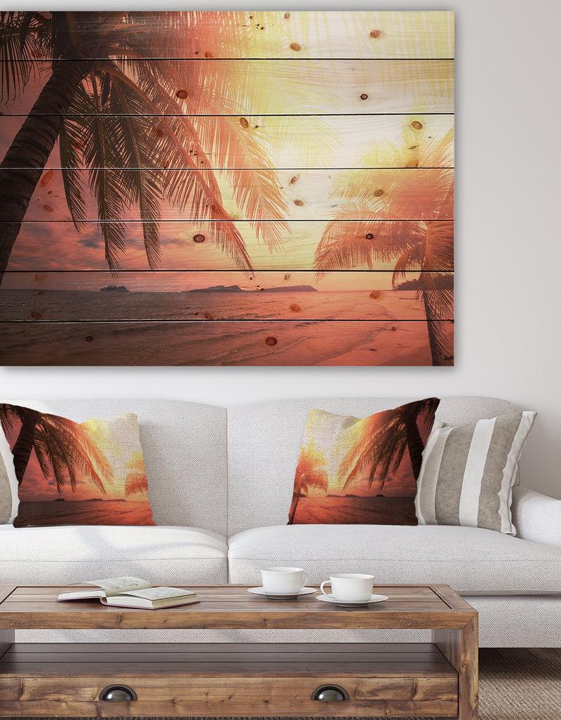 DesignQ Coconut in Golden Sunset - Landscapes Sea & Shore Photographic Print on Natural Pine Wood