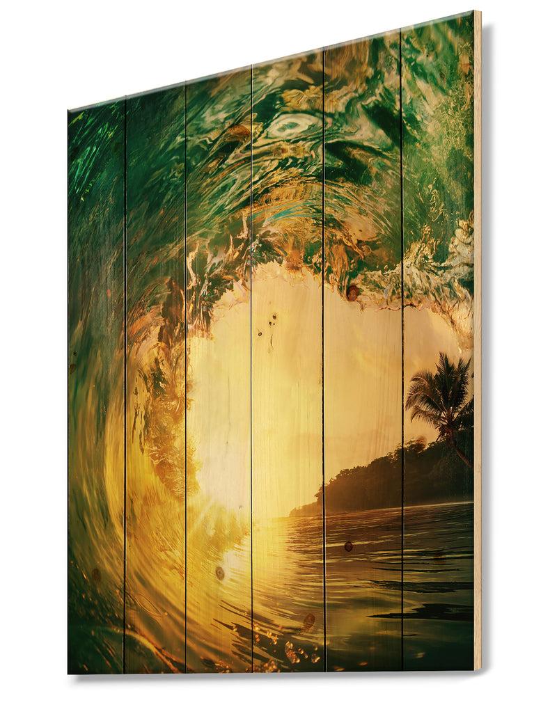 DesignQ Colored Ocean Waves Falling Down IV - Modern Seashore Print On Natural Pine Wood