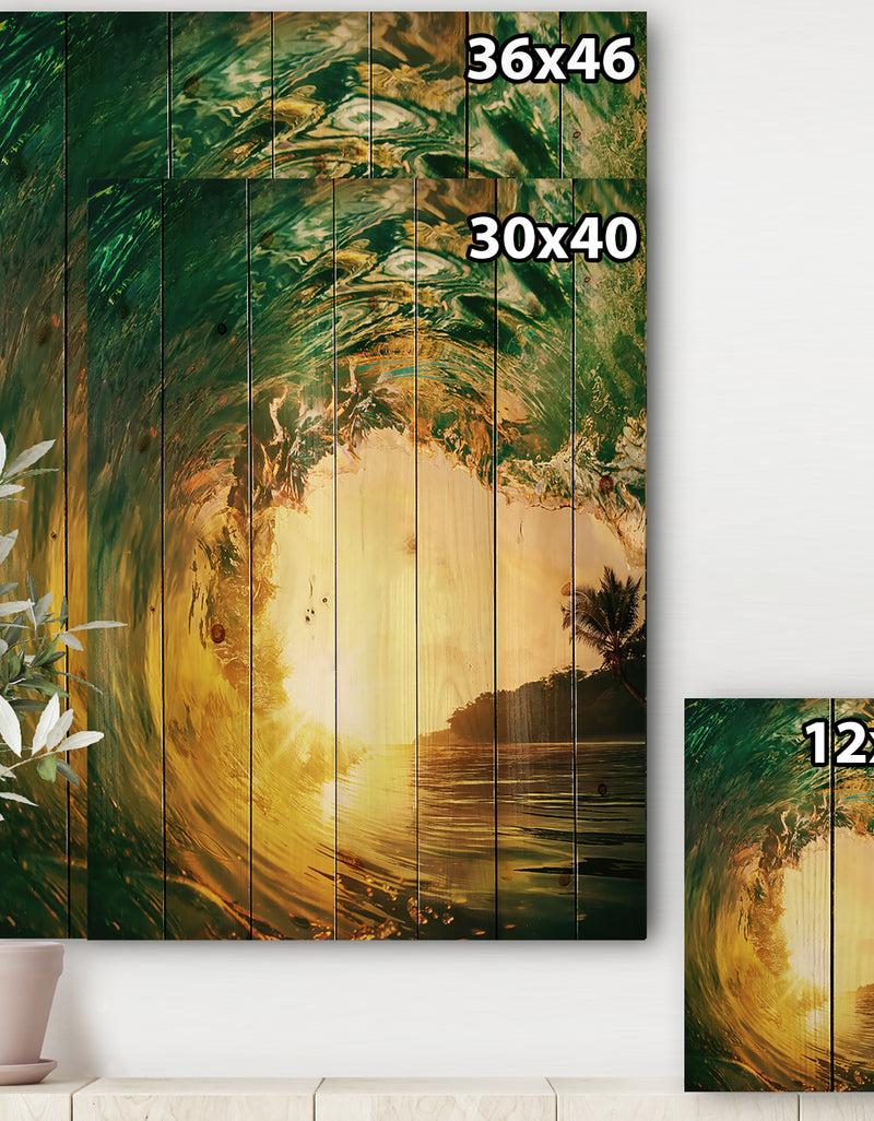 DesignQ Colored Ocean Waves Falling Down IV - Modern Seashore Print On Natural Pine Wood