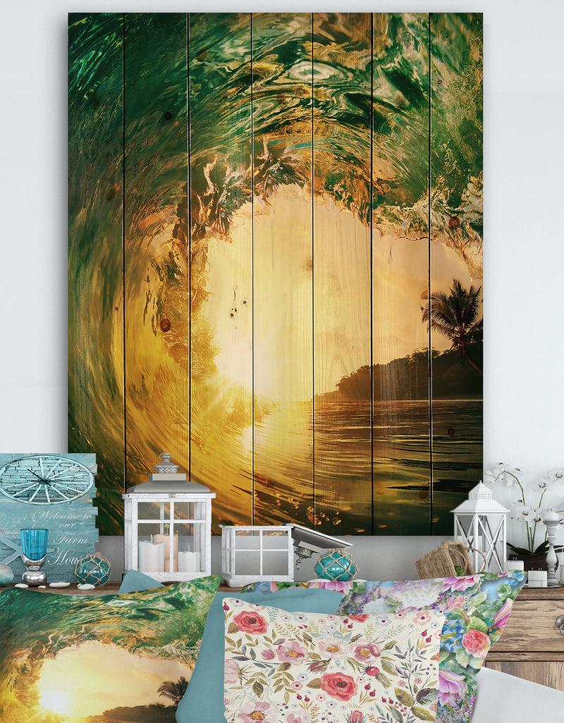 DesignQ Colored Ocean Waves Falling Down IV - Modern Seashore Print on Natural Pine Wood