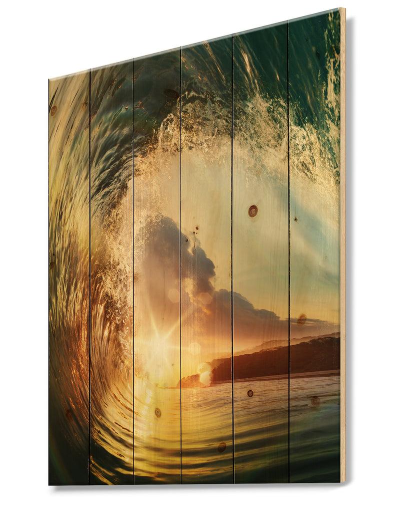 DesignQ Colored Ocean Waves Falling Down V - Modern Seashore Print On Natural Pine Wood