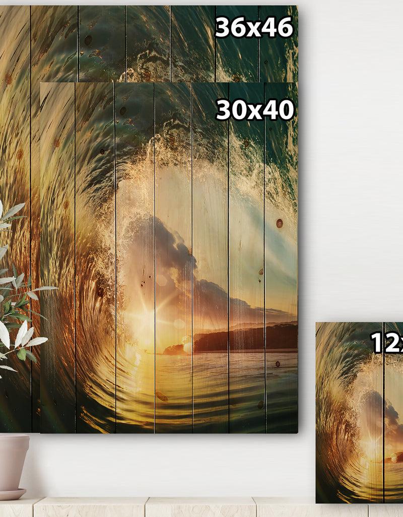 DesignQ Colored Ocean Waves Falling Down V - Modern Seashore Print On Natural Pine Wood