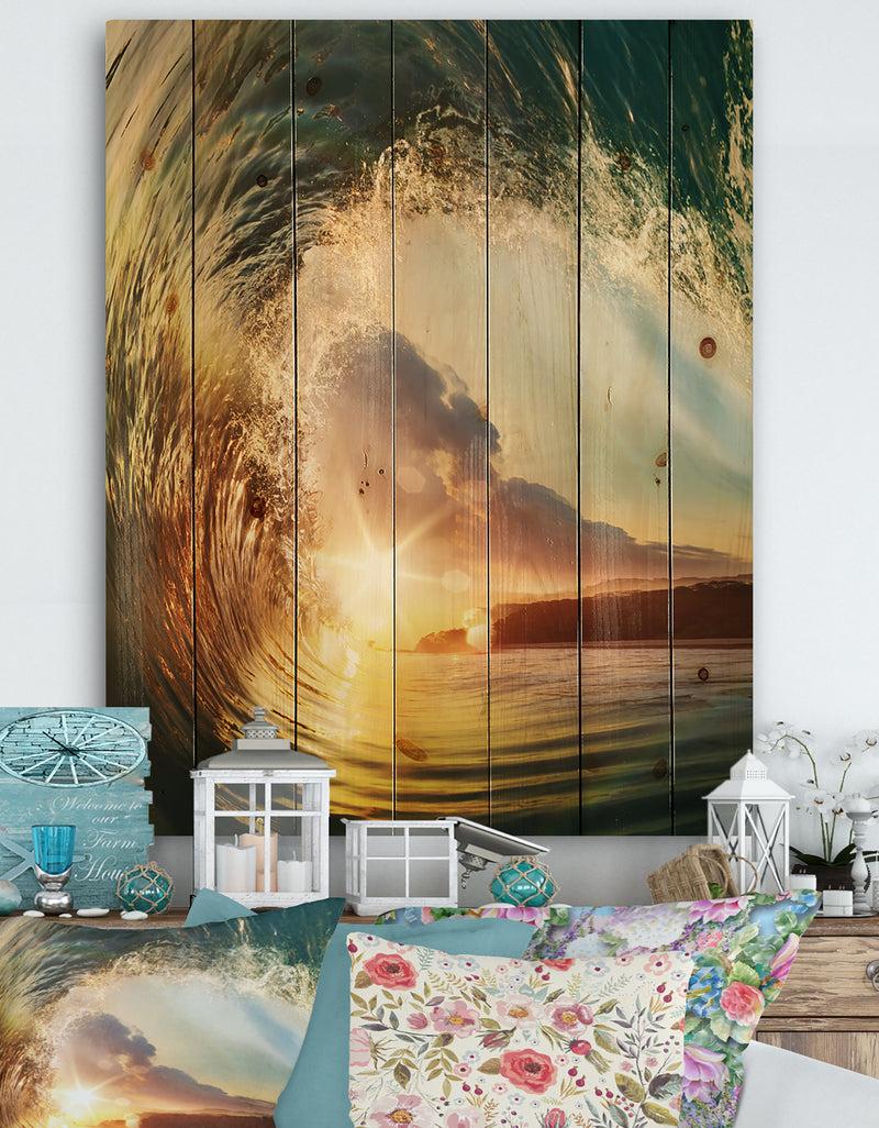DesignQ Colored Ocean Waves Falling Down V - Modern Seashore Print on Natural Pine Wood