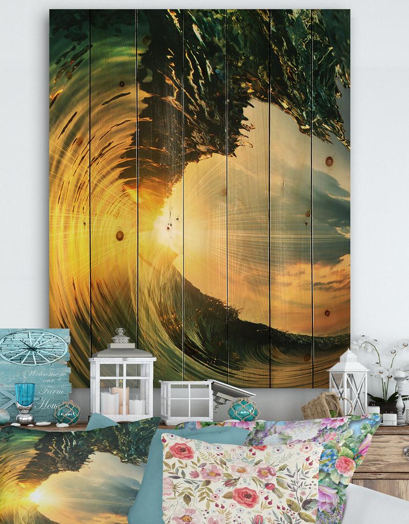 DesignQ Colored Ocean Waves Falling Down VII - Modern Seashore Print on Natural Pine Wood