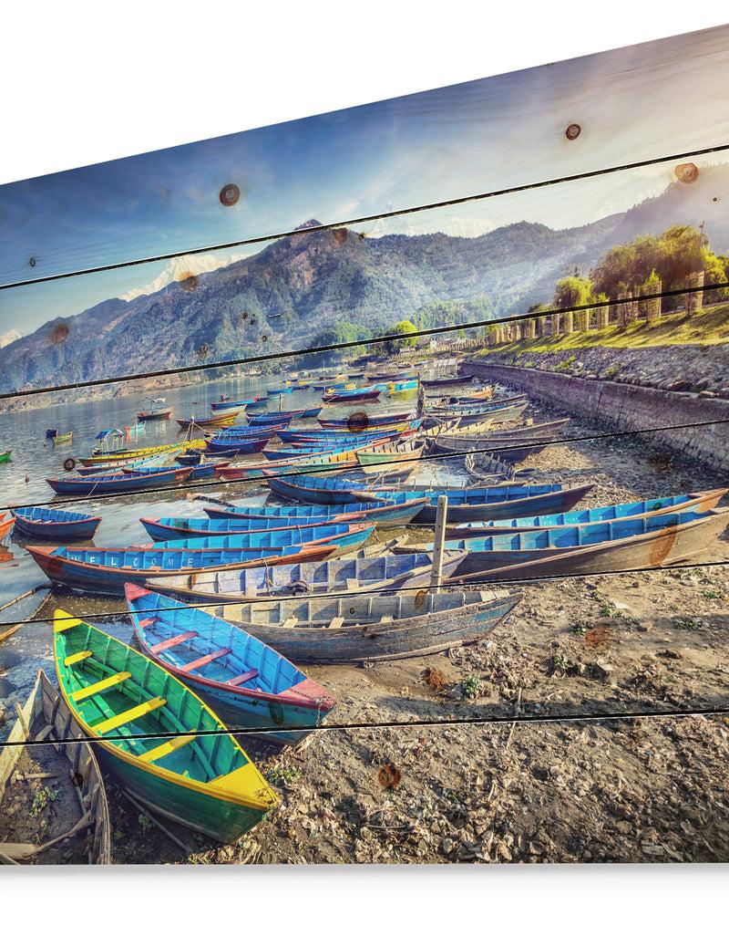 DesignQ Colorful Boats In Pokhara Lake - Boat Print On Natural Pine Wood