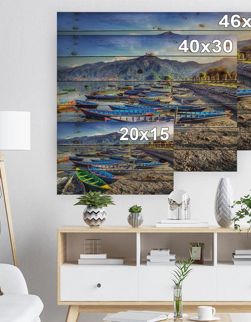 DesignQ Colorful Boats In Pokhara Lake - Boat Print On Natural Pine Wood