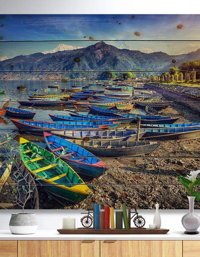 DesignQ Colorful Boats in Pokhara Lake - Boat Print on Natural Pine Wood