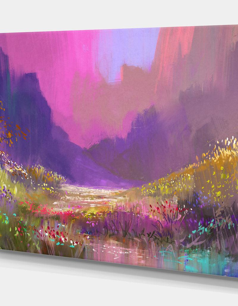DesignQ Colorful Flower With Mountain View - Landscapes Painting Print On Wrapped Canvas