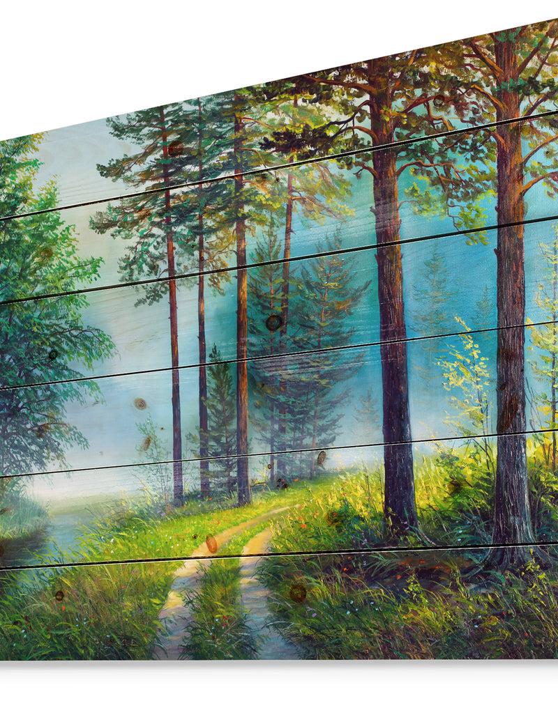 DesignQ Colorful Summer Forest In Waterfall - Landscapes Painting Print On Natural Pine Wood