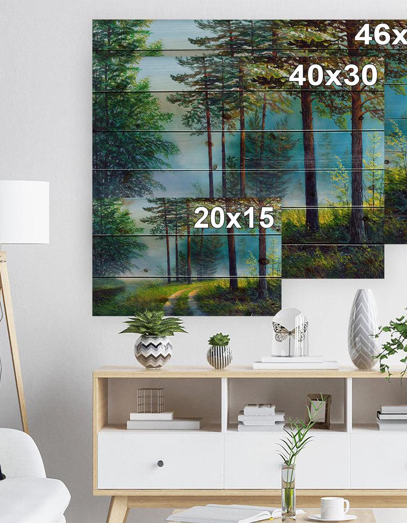 DesignQ Colorful Summer Forest In Waterfall - Landscapes Painting Print On Natural Pine Wood