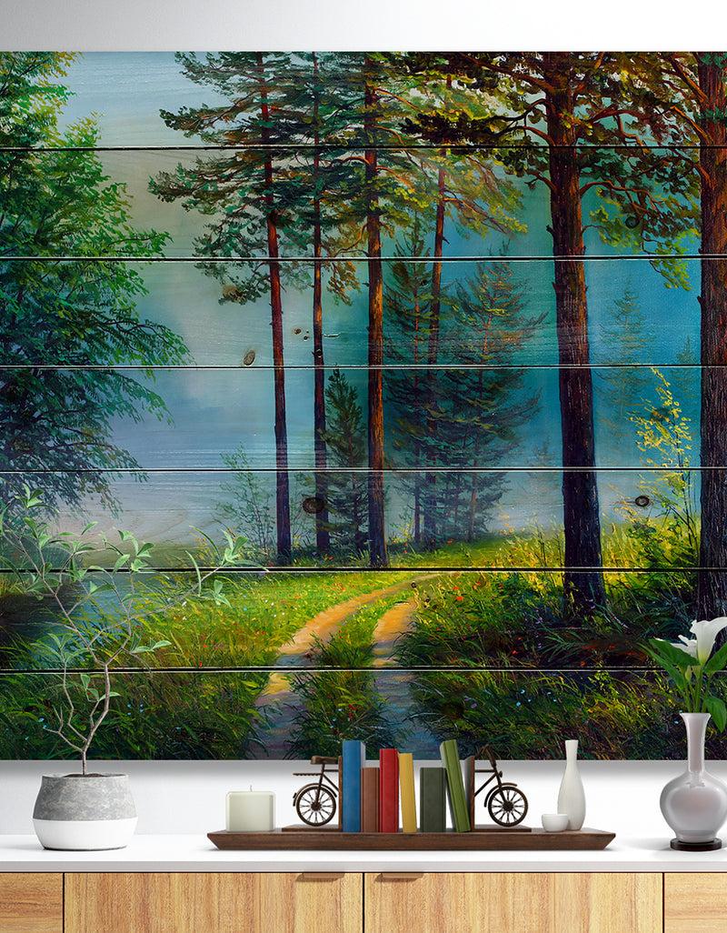 DesignQ Colorful Summer Forest in Waterfall - Landscapes Painting Print on Natural Pine Wood