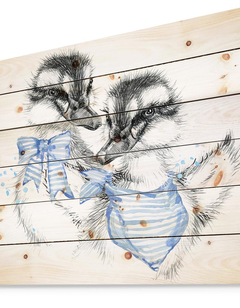 DesignQ Cute Two Little Duckling - Animals Painting Print On Natural Pine Wood