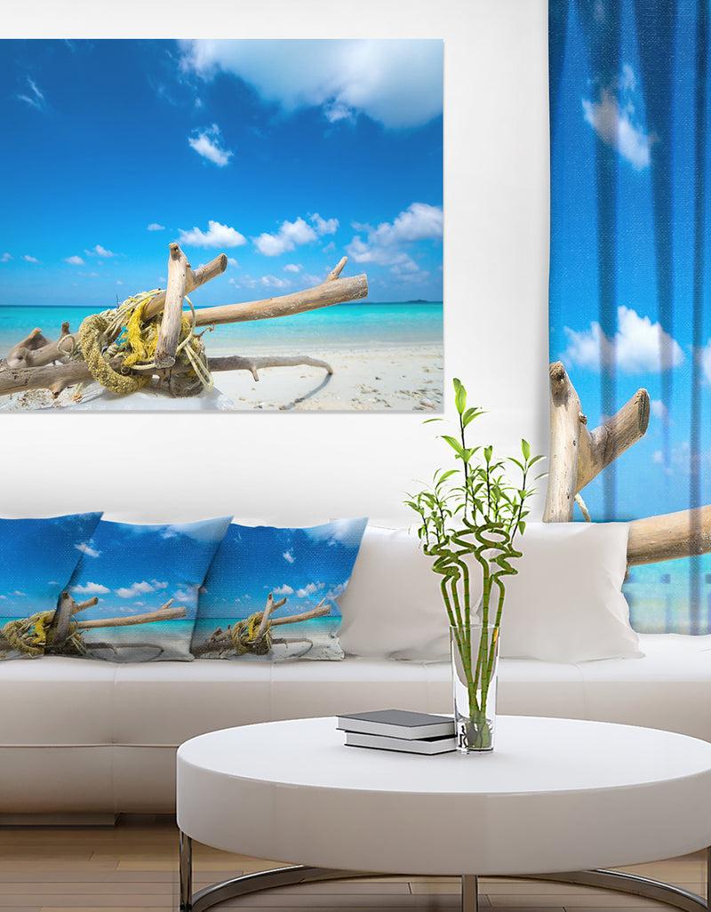 DesignQ Deadwood On White Sand Beach - Contemporary Seascape Art Canvas
