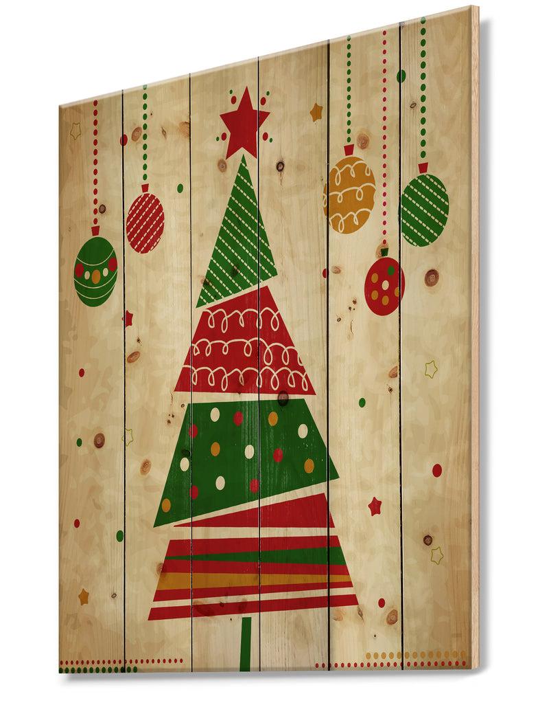 DesignQ Deconstructed Abstract Red And Green Christmas Tree - Print On Natural Pine Wood