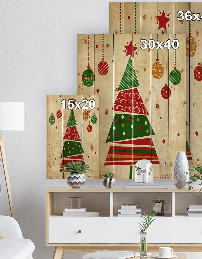 DesignQ Deconstructed Abstract Red And Green Christmas Tree - Print On Natural Pine Wood