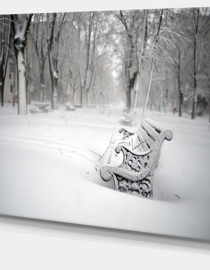 DesignQ Design Canvas Art Print 'Benches In Park Covered With Snow - Extra Large Landscape Canvas Art Print