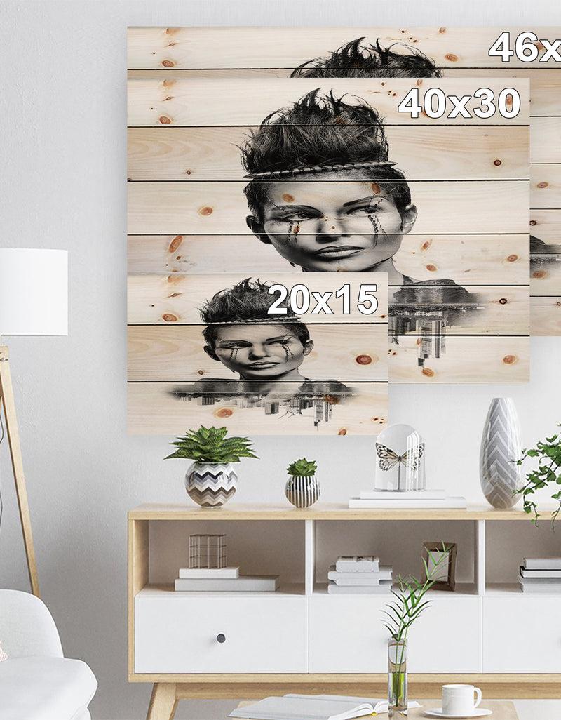 DesignQ Double Exposure Woman With Hair - Portrait Print On Natural Pine Wood