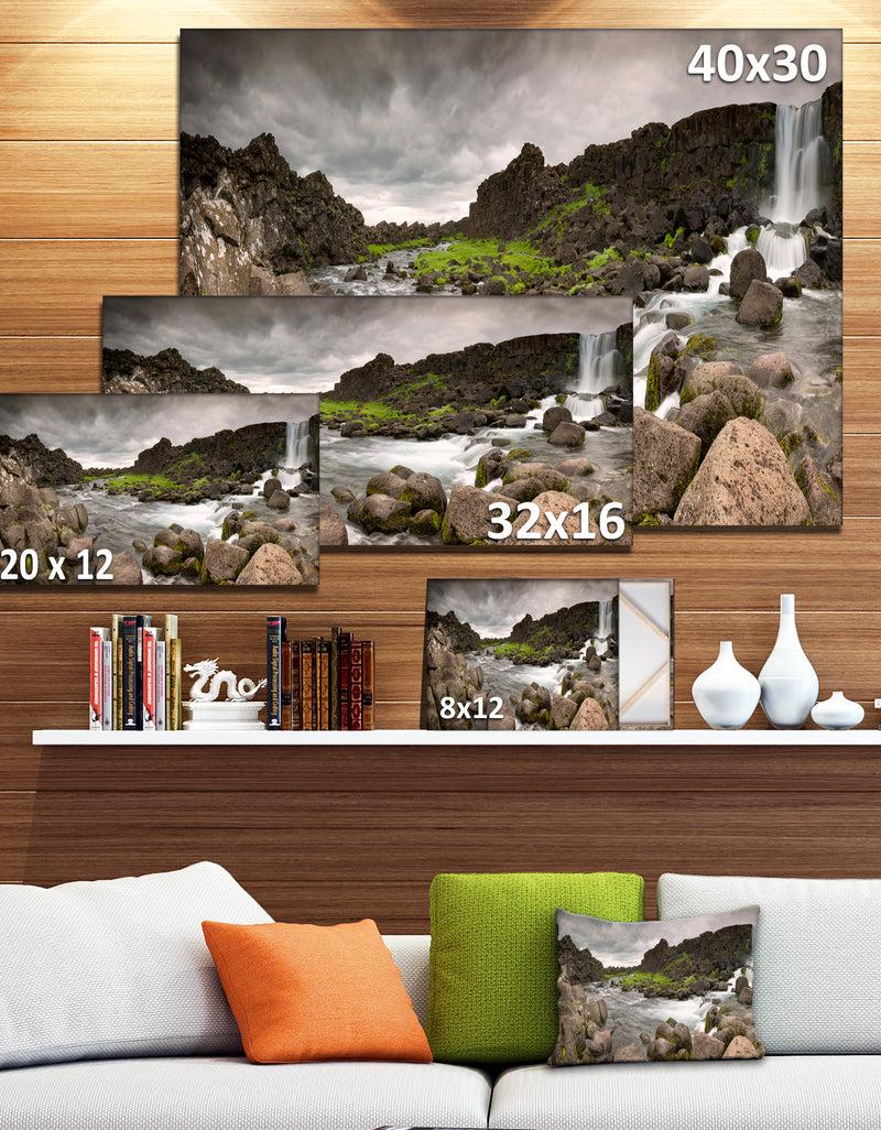 DesignQ Dramatic Oxarafoss Waterfalls - Extra Large Abstract Canvas Art Print