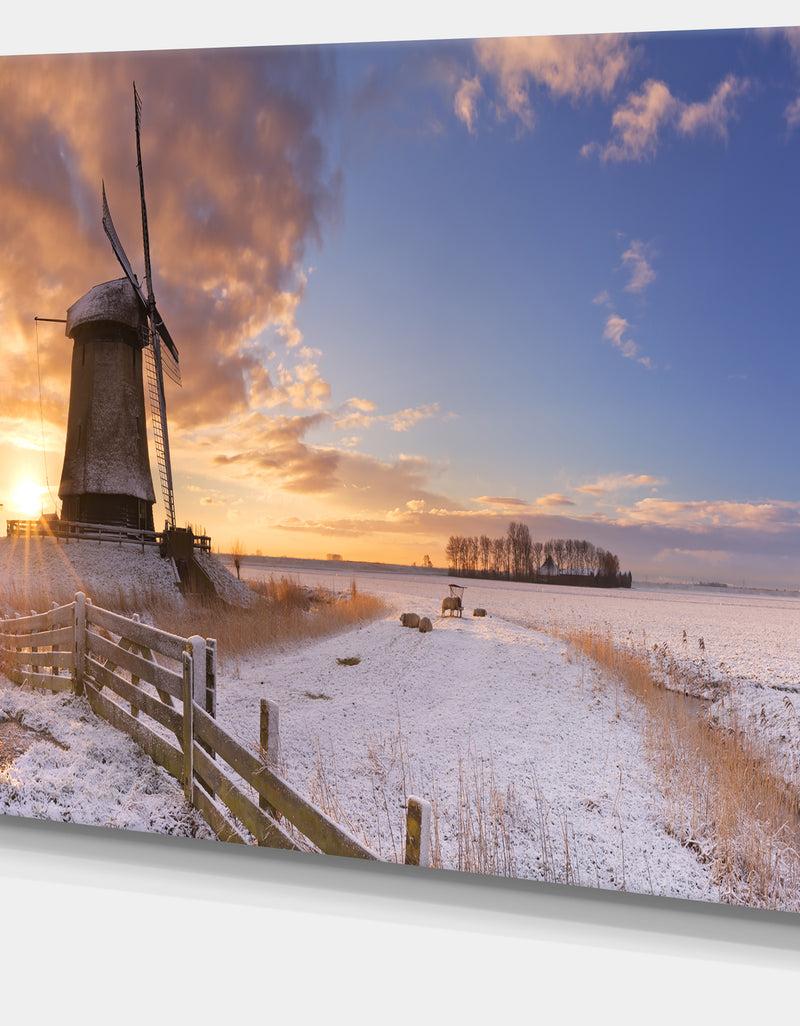 DesignQ Dutch Windmills At Sunrise - Large Glossy Canvas Art Print