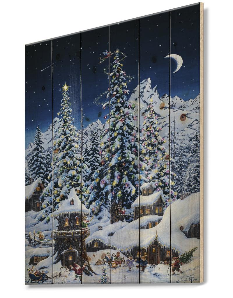 DesignQ Elf Houses Under Large Lighted Christmas Trees - Print On Natural Pine Wood