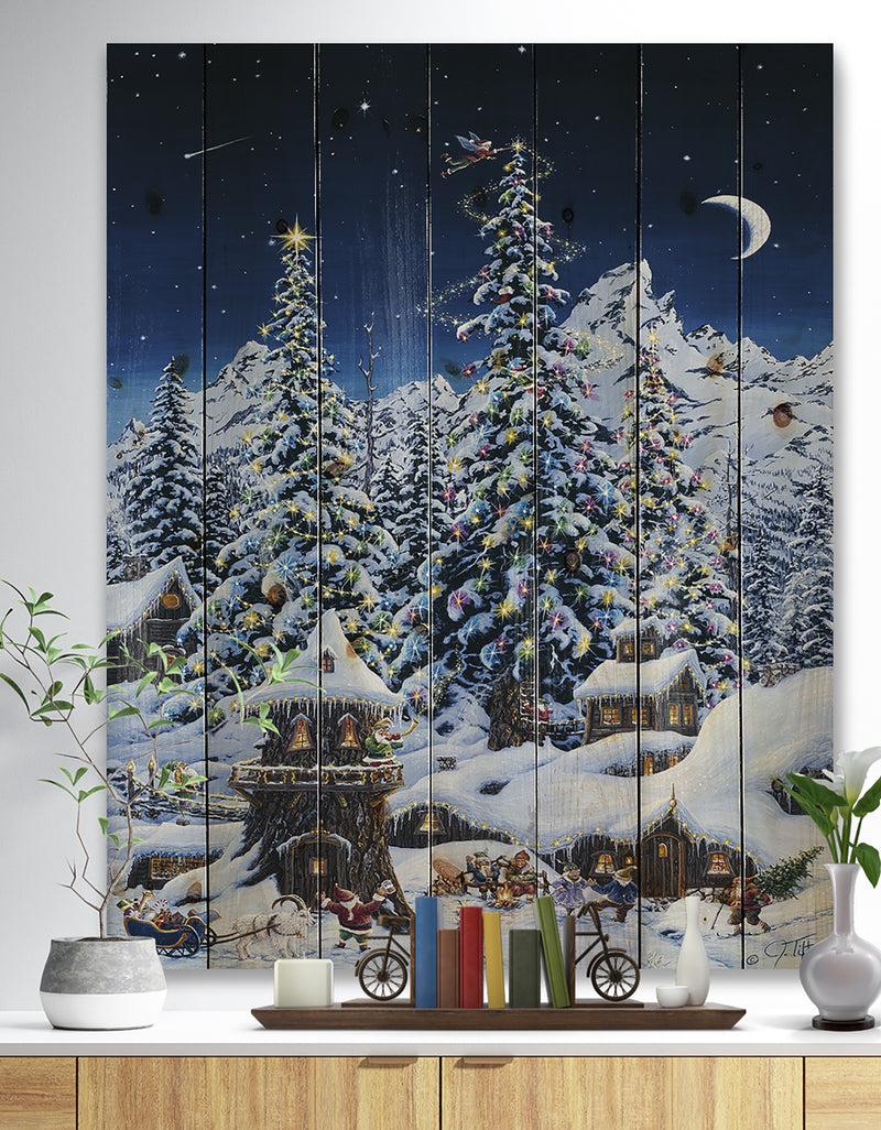 DesignQ Elf houses under large lighted Christmas trees - Print on Natural Pine Wood
